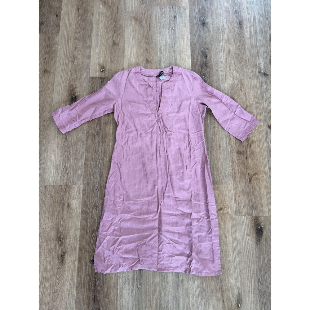 H&M Divided Linen Dress Womens 12 Mauve Pink Embroidered V-Neck Shift Lagenlook